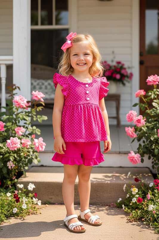 Trendy Pink polka dot top & shorts 2pcs girls boutique set DLH1124-14