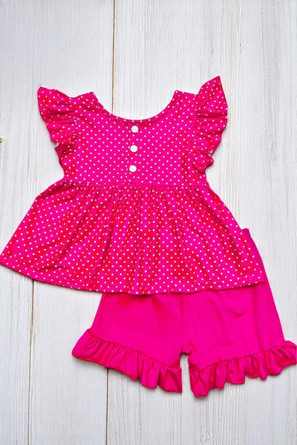 Trendy Pink polka dot top & shorts 2pcs girls boutique set DLH1124-14