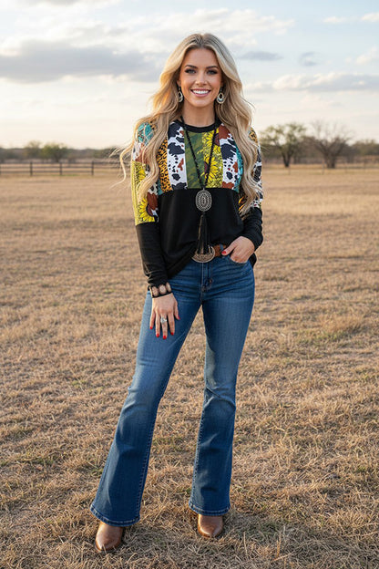 Western cow animal & jewel & black long sleeve women's boutique top DLH11641