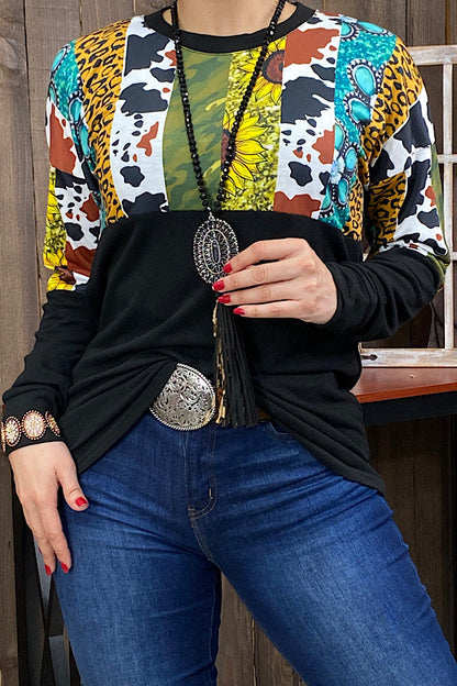 Western cow animal & jewel & black long sleeve women's boutique top DLH11641
