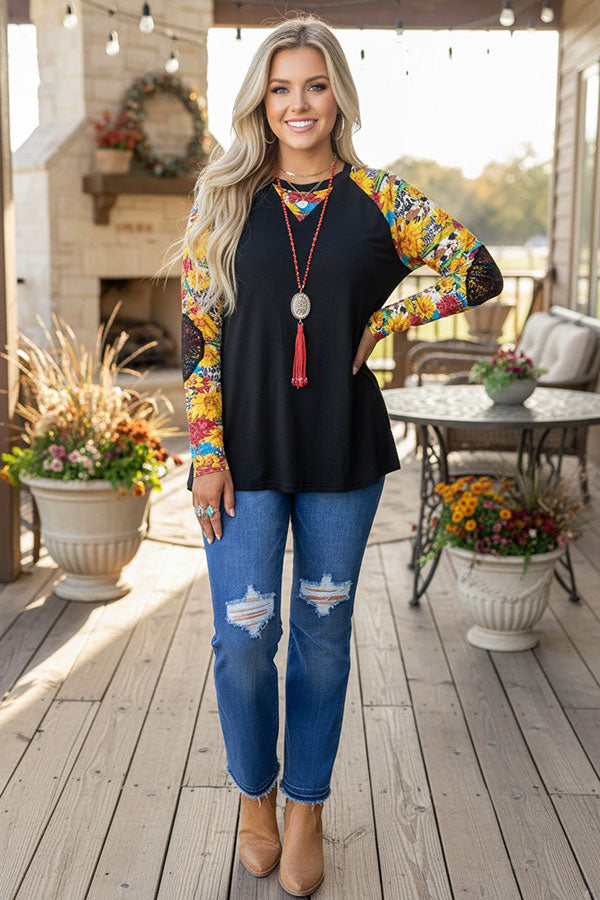 Western pattern & black long sleeve women's boutique top DLH11642