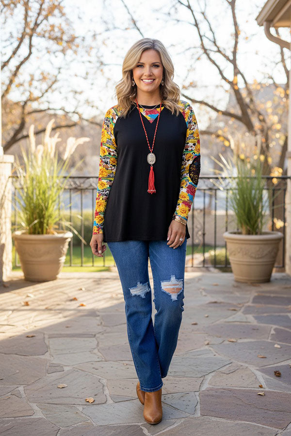 Western pattern & black long sleeve women's boutique top DLH11642