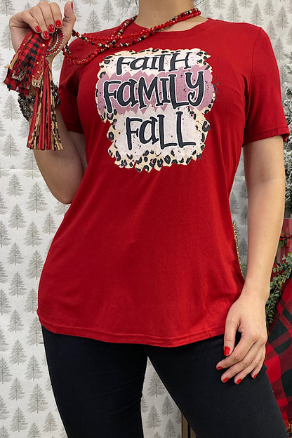 FAITH,FAMILY,FALL burgundy short sleeve women's boutique top DLH11657