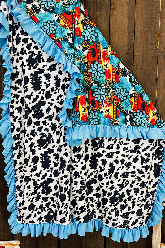 Buffalos & cow print reversible baby blanket w/turquoise ruffle DLH1212-7