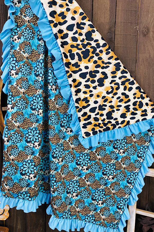 Turquoise & leopard reversible baby blanket w/turquoise ruffle DLH1212-9