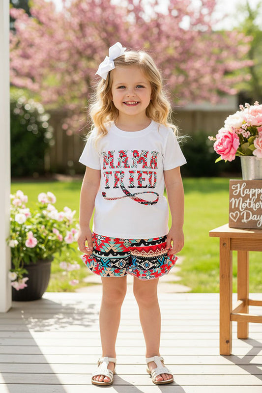 "MAMA TRIED" Aztec print short sleeve 2pc set DLH1215-12