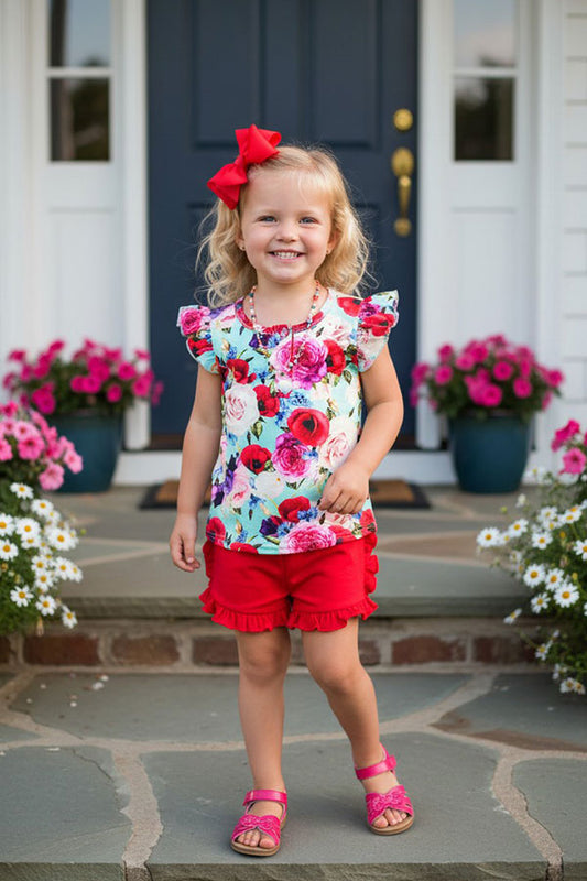 DLH1215-17 Red floral short sleeve 2pc short & top girls set