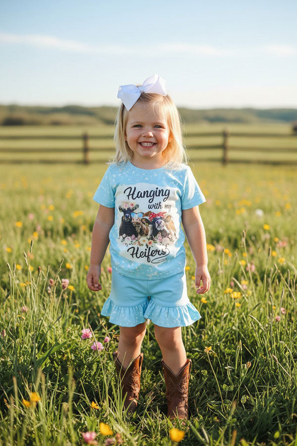 "Hanging with my heifers" light blue short sleeve 2pc set DLH1017-6
