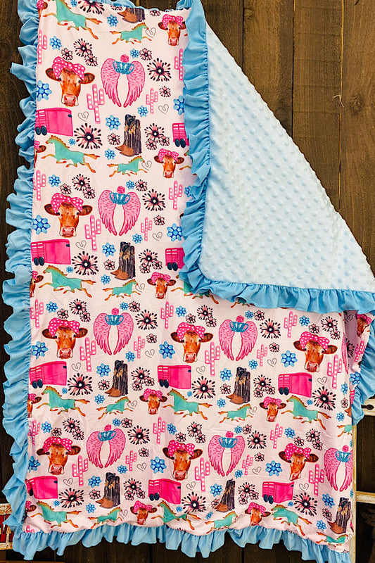 Light pink cow & jewels baby blanket w/light blue ruffle DLH1215-20