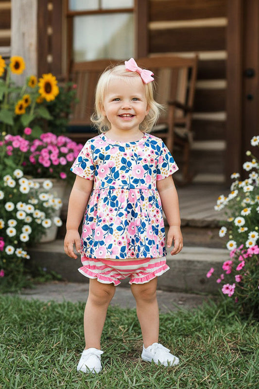 Pink & blue floral top & stripped ruffle bloomer 2pc baby set DLH1215-23