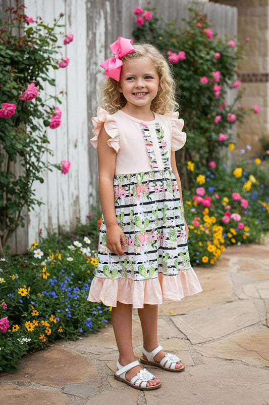 DLH1215-29 Soft peach stripped w/cactus swirl ruffled dress
