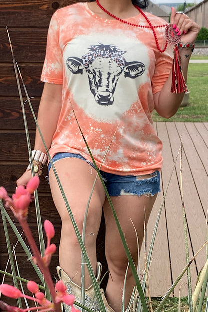 Orange cow printed short sleeve women t-shirt DLH12160