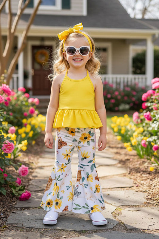 DLH1224-13 Yellow halter top w/floral & farm bell bottoms 3pc girls set