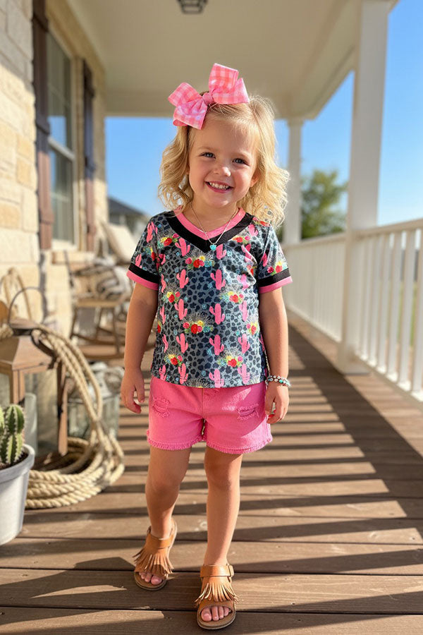 Western leopard cactus top pink denim shorts girls boiutique set DLH1230-05