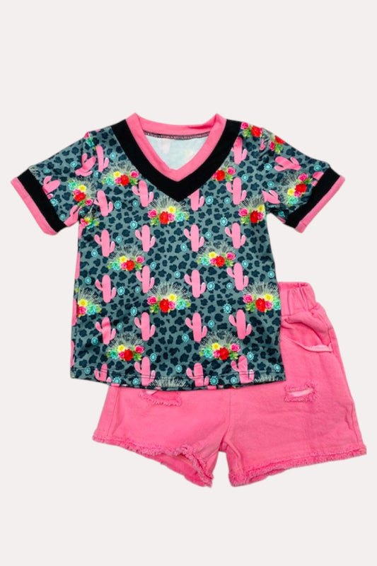 D1230-05 Leopard short sleeve top & pink denim shorts 2pc girls sets
