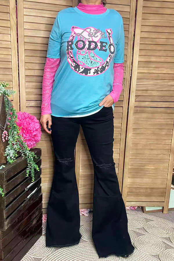 Women top wholesaler Rodeo cowgirl printed turquoise & short sleeve DLH12320