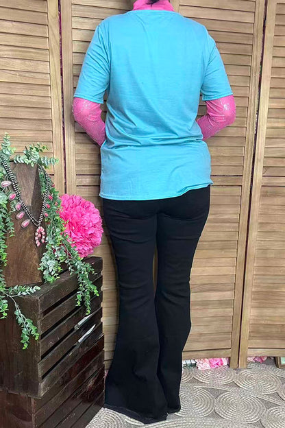 Women top wholesaler Rodeo cowgirl printed turquoise & short sleeve DLH12320