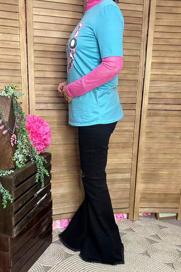 Women top wholesaler Rodeo cowgirl printed turquoise & short sleeve DLH12320