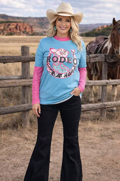 Women top wholesaler Rodeo cowgirl printed turquoise & short sleeve DLH12320