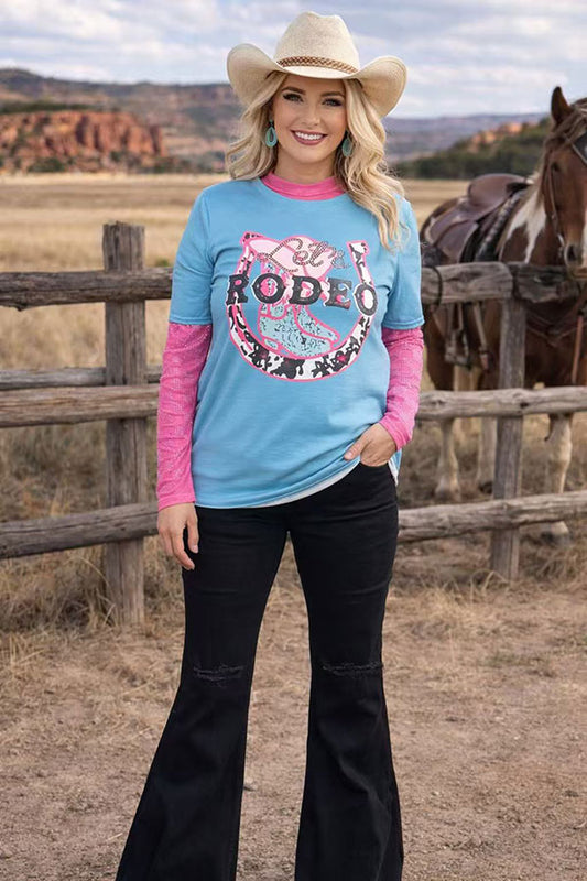 Women top wholesaler Rodeo cowgirl printed turquoise & short sleeve DLH12320