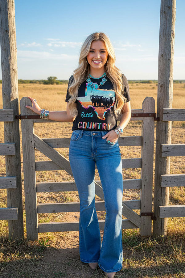 CATTLE COUNTRY Texas cow printed black women top DLH12413