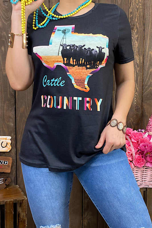 DLH12413 CATTLE COUNTRY Texas cow printed black top