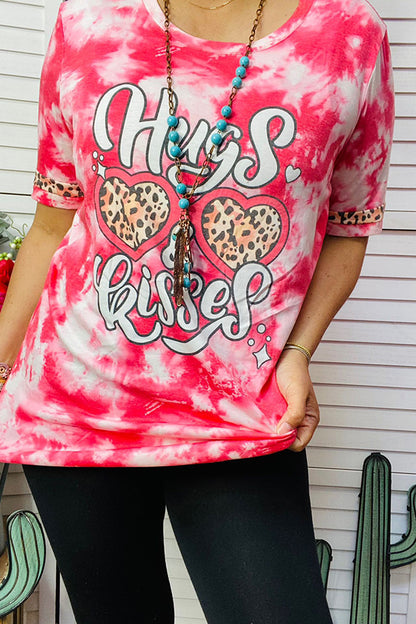 DLH12875 Hugs & Kissed Leopard hearts printed women top with short sleeve