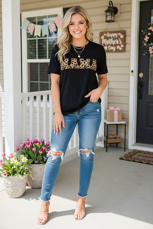 Wholesale women's t-shirt MAMA embroidered black short sleeve top DLH13611