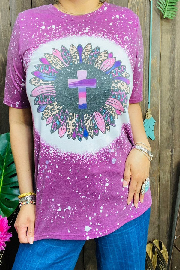 DLH13835 floral purple printed short sleeves women top