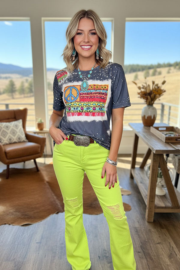 Western floral printed grey short sleeve women t-shirt DLH14166