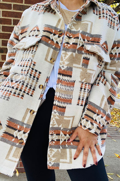 DLH14448 Thick Aztec long sleeve shacket/coat w/buttons and pockets