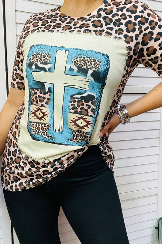 DLH14597 Crossed & leopard printed short sleeve women top