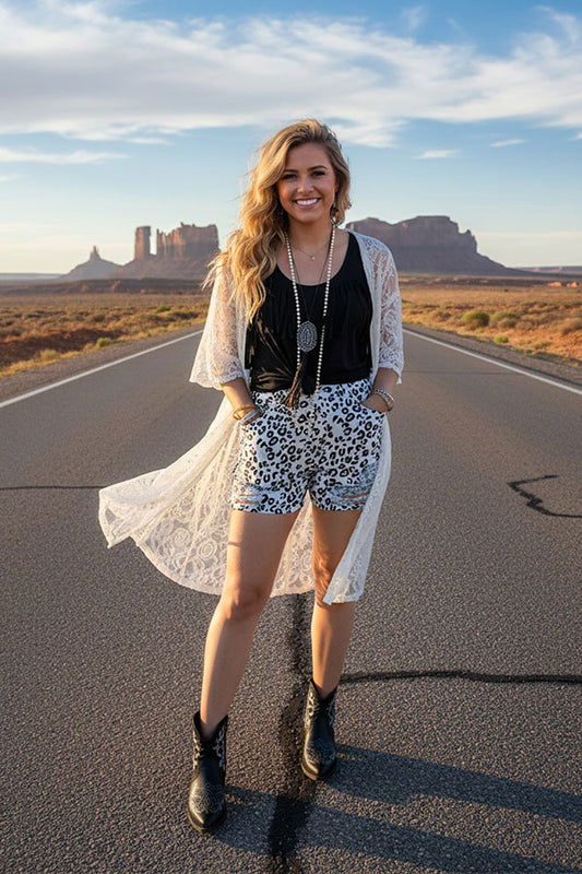 Leopard denim women ripped shorts w/pockets DLH14790