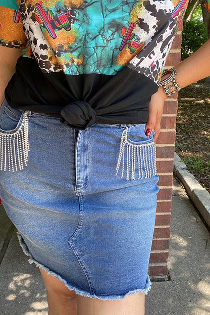 Western blue denim rhinestone fringe women's boutique skirt Southern Stitch DLH14979