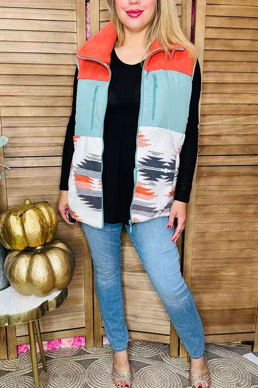 Orange & turquoise & aztec sherpa women vest w/pockets DLH15374