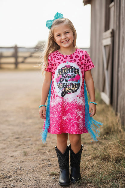 Western pink leopard short sleeve girls boutique dress DLH2305