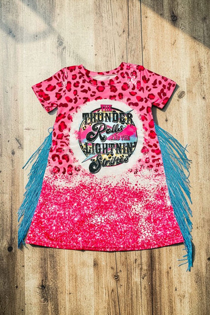DLH2305 "THE THUNDER Rolls and the lightnin strikes" print short sleeve dress with tassels