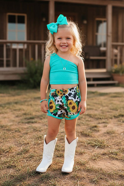 Western turquoise one shoulder top & western shorts girl's boutique set DLH2308