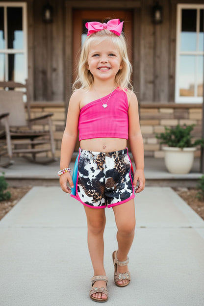 Western hot pink one shoulder top & animal shorts girl's boutique set DLH2309