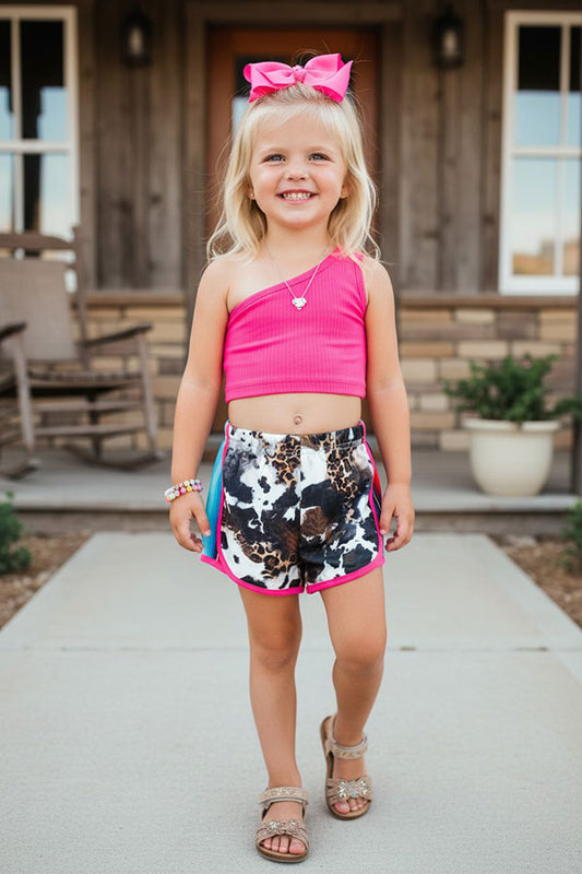 Western hot pink one shoulder top & animal shorts girl's boutique set DLH2309