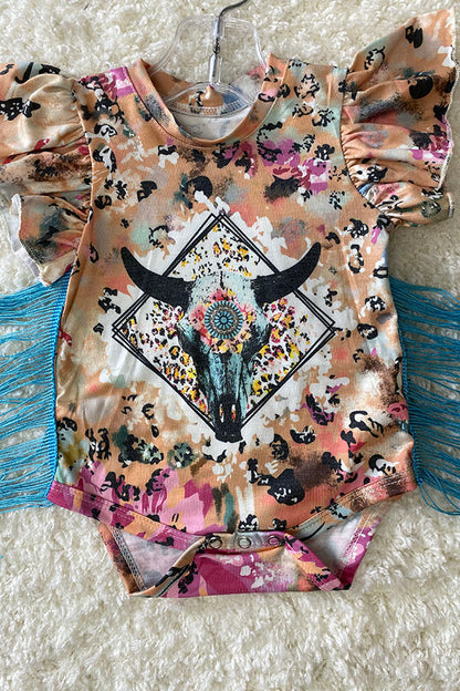 DLH2313 Bull skull printed onesie w/turquoise fringe tassels