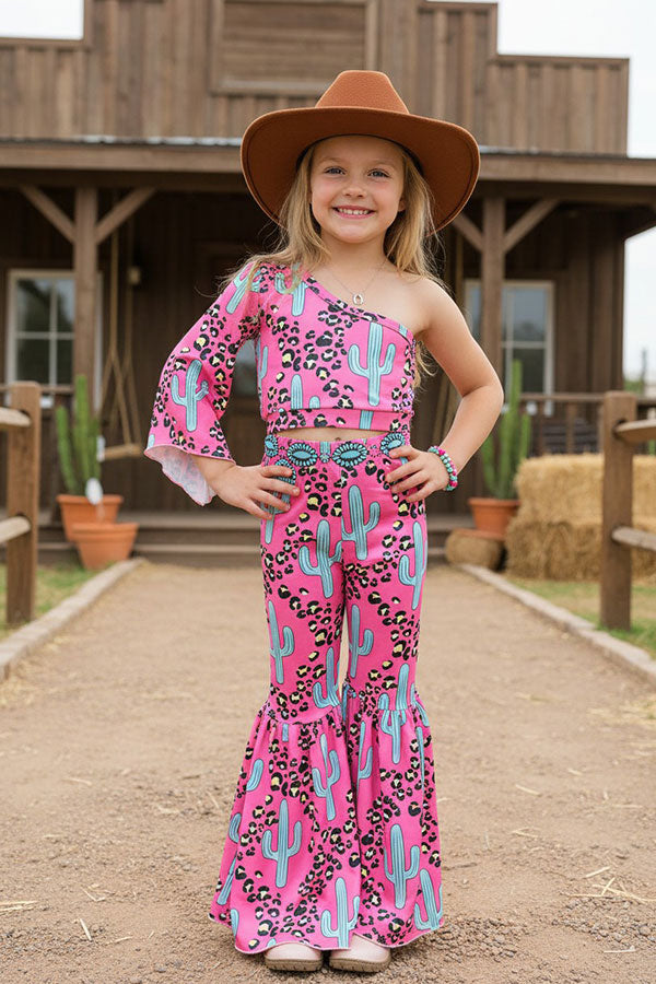 Western cheetah & turquoise cactus top & pant girl's boutique set DLH2317