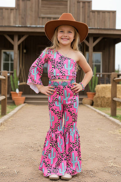 Western cheetah & turquoise cactus top & pant girl's boutique set DLH2317