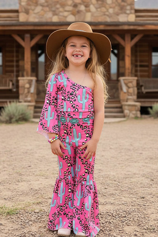 Western cheetah & turquoise cactus top & pant girl's boutique set DLH2317