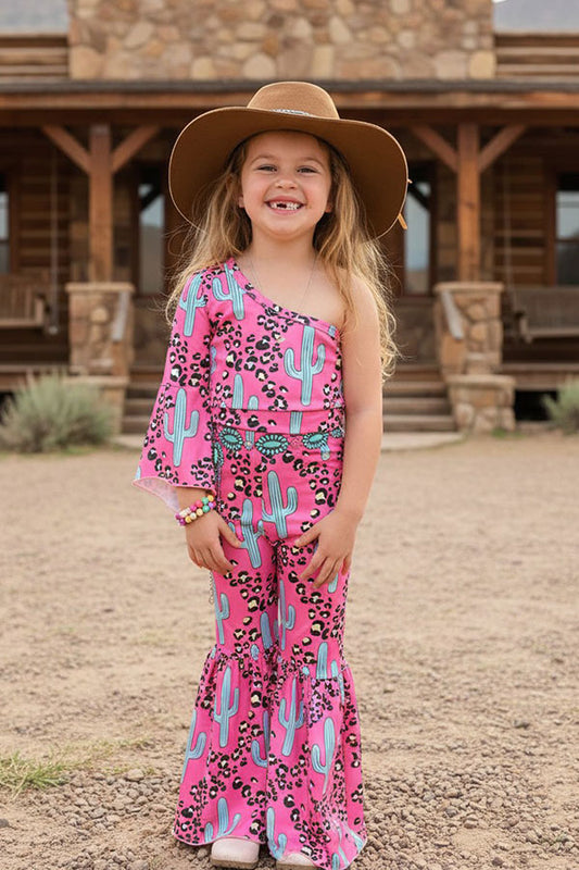 Western cheetah & turquoise cactus top & pant girl's boutique set DLH2317