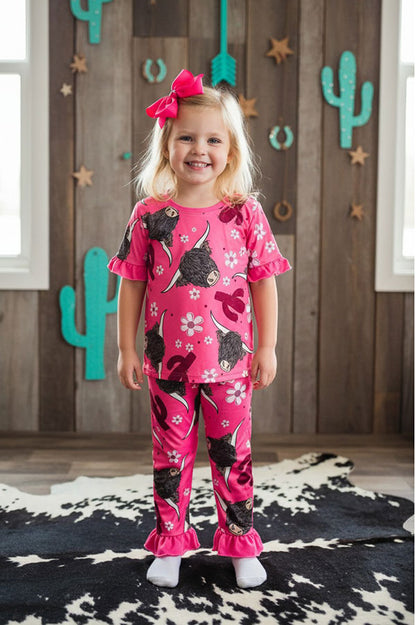 Western pink hippie cow floral printed top & bottom girls boutique set DLH2318