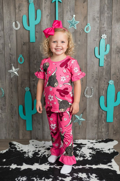 Western pink hippie cow floral printed top & bottom girls boutique set DLH2318