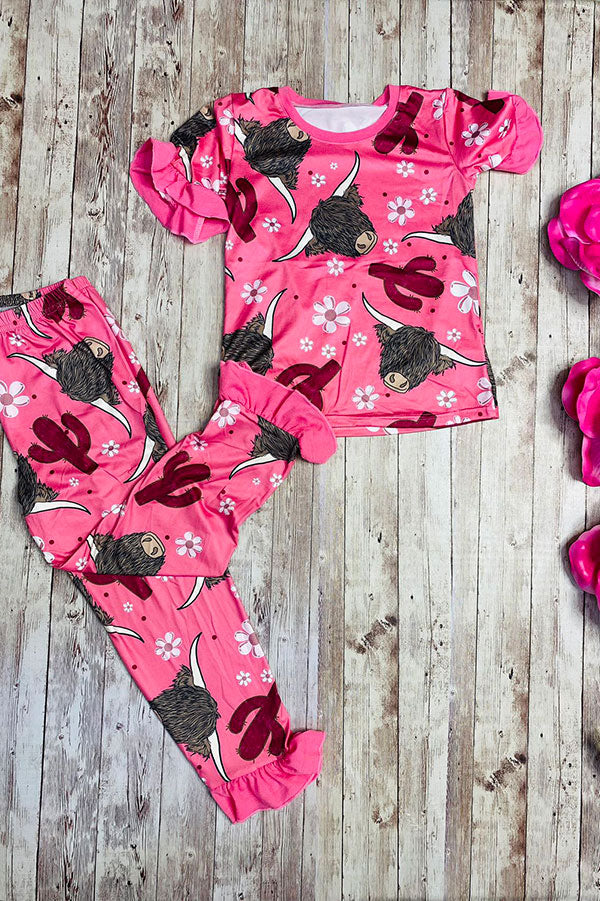 Western pink hippie cow floral printed top & bottom girls boutique set DLH2318