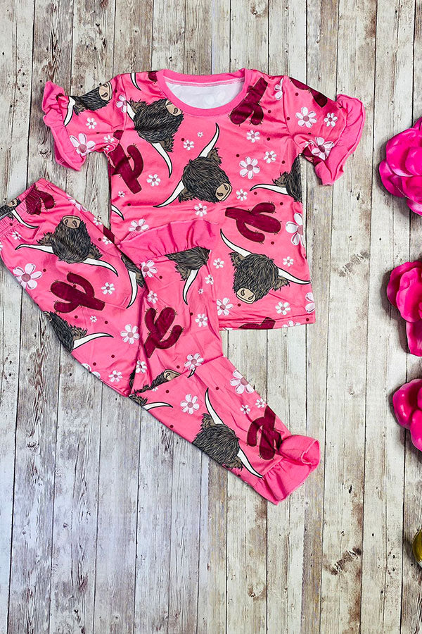 Western pink hippie cow floral printed top & bottom girls boutique set DLH2318