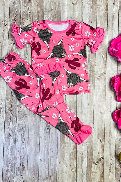 Western pink hippie cow floral printed top & bottom girls boutique set DLH2318